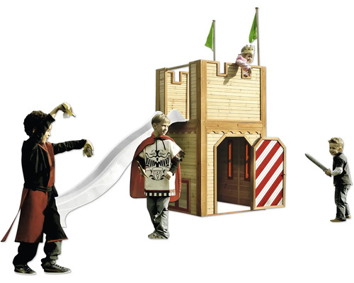 Holzburg mit Rutsche und Kindern in Ritterkostümen für den Aussenbereich