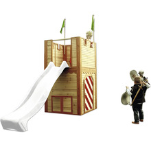 Spielturm aus Holz mit Rutsche und Ritter-Dekoration