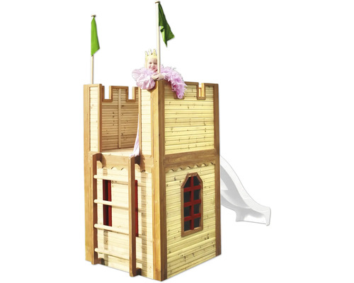 Holzburg mit Rutsche und Leiter für Kinder im Garten