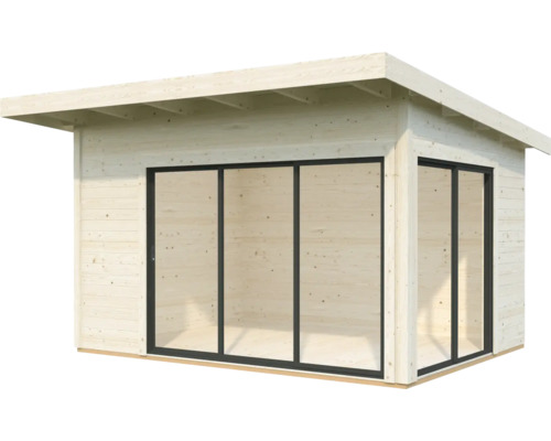 Holzgartenhaus mit Flachdach und Glasschiebetüren