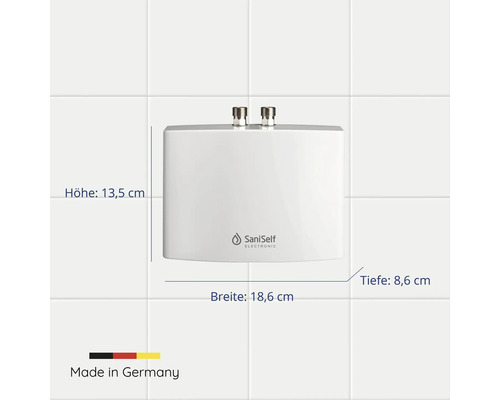 Saniself electronic device with dimensions and Made in Germany sign