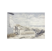 Gemälde einer Strandhausszene mit Holzzaun
