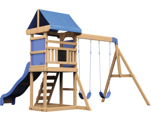 Spielhaus Spielturm Backyard DISCOVERY 270 x 310 cm Holz braun, blau bestehend aus Grundturm, Schaukel, Rutsche