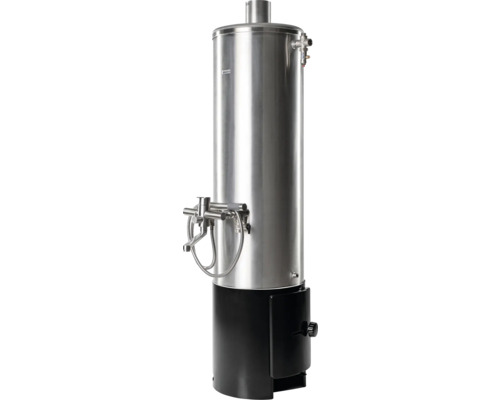 Badeofen D100 druckfest komplett mit Mischbatterie 7,5 W Unterofen schwarz Edelstahl Holzvergaser Heizkessel