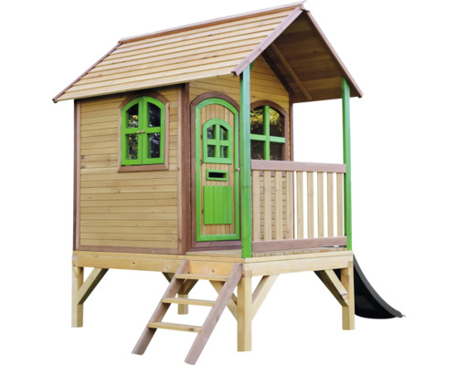 Spielhaus aus Holz mit Rutsche und Treppe