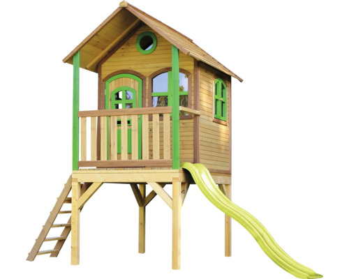 Spielhaus Spielturm axi Laura 191 x 318 cm Holz braun, grün bestehend aus Grundturm, Rutsche hellgrün