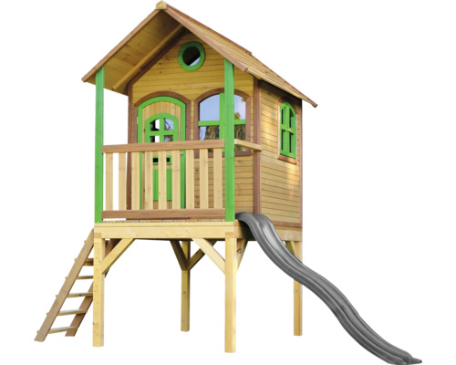 Spielhaus Spielturm axi Laura 191 x 318 cm Holz braun, grün bestehend aus Grundturm, graue Rutsche