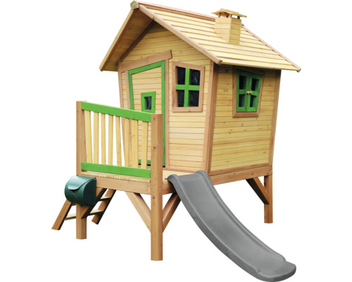 Spielhaus aus Holz mit Rutsche und Briefkasten