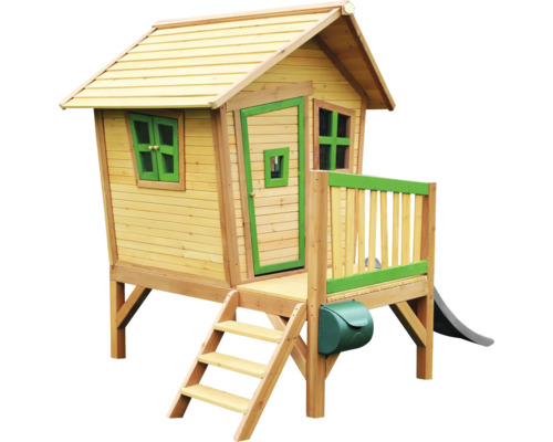 Spielhaus aus Holz mit Rutsche, Treppe und Briefkasten