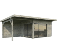 Holz Gartenhaus mit großen Fensterfronten und überdachter Veranda