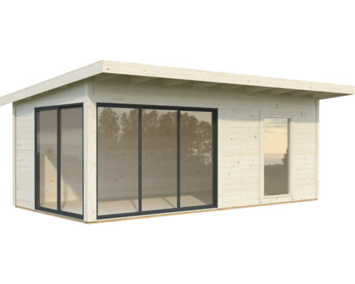 Modernes Gartenhaus aus Holz mit großen Fensterflächen für einen hellen Innenraum