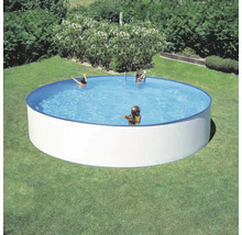 Rundes Schwimmbecken mit Personen im Garten.