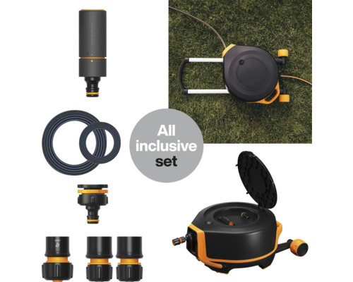 Fiskars Gartenschlauchbox mit Bewässerungssteuerung und Zubehör
