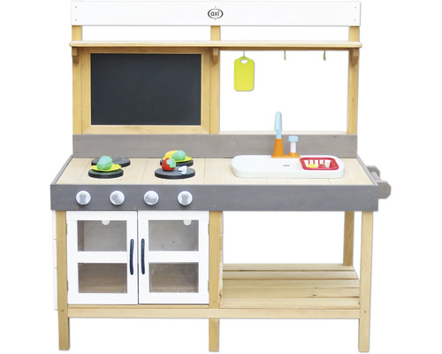 Spielküche aus Holz mit Herdplatten, Spüle und Tafel