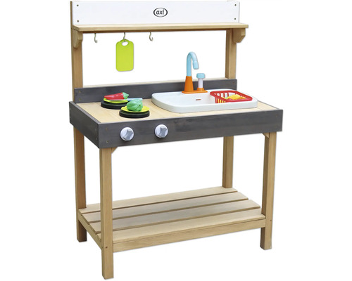 Spielküche aus Holz mit Spüle, Wasserhahn, Kochfeldern und Ablagefläche