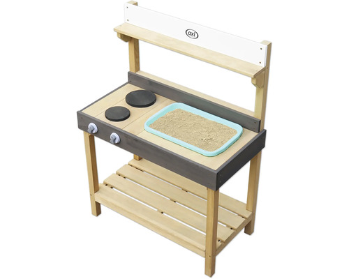 Spielküche aus Holz mit Herdplatten, Spüle und Ablagefläche