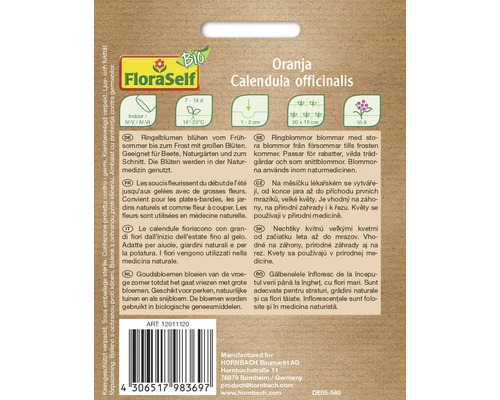 FloraSelf Logo. Packung Ringelblumen Calendula officinalis Oranja mit Informationen zu Anbau und Verwendung