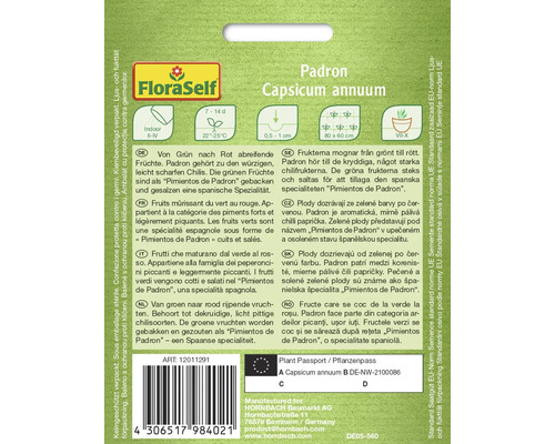 Padron Capsicum annuum packaging with information about the plant and its cultivation