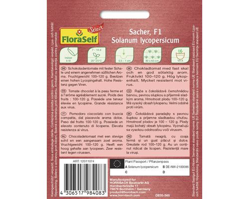 Verpackung von FloraSelf Sacher F1 Schokoladentomaten Samen der Art Solanum lycopersicum