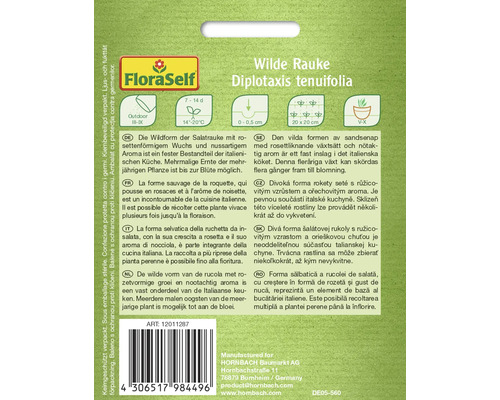 Verpackung für Wilde Rauke Diplotaxis tenuifolia mit Informationen zu Anbau und Ernte