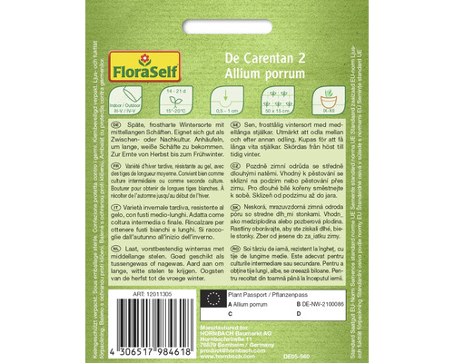 De Carentan 2 Allium porrum seed packet from FloraSelf for late, frost-resistant winter leeks with medium-length stems