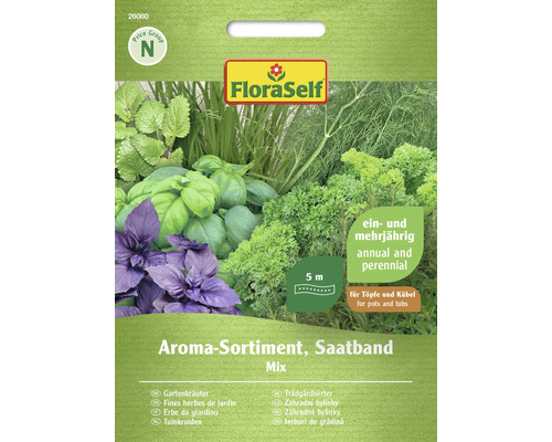 Gartenkräuter Aroma Sortiment, 5 m Saatband FloraSelf Samenfestes Saatgut Kräutersamen, Kombination aus Petersilie, Schnittlauch, Basilikum, Dill, Bohnenkraut, Majoran und Zitronenmelisse