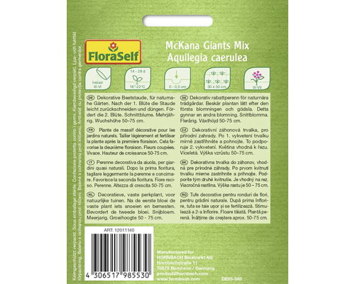 Verpackung Aquilegia caerulea McKana Giants Mix Samen mit Informationen zu Anbau und Pflege