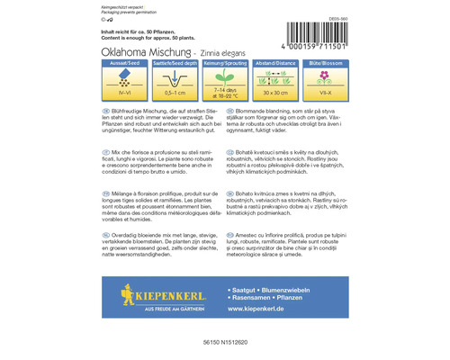 Samentüte Oklahoma Mischung Zinnia elegans mit Informationen zu Aussaat, Saattiefe, Keimung und Abstand