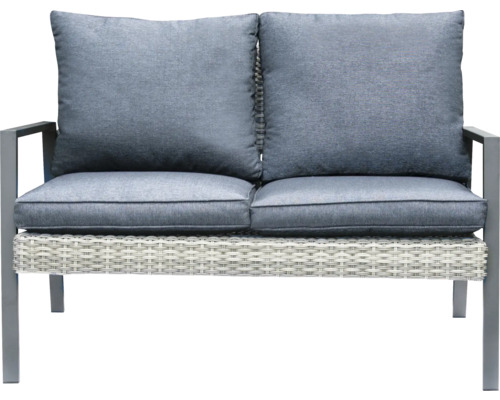 Zweisitzer-Gartenbank mit grauen Polstern und Rattanoptik
