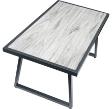 Rechteckiger Couchtisch mit Holzstruktur und Metallgestell