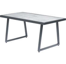 Rechteckiger Tisch mit grauem Metallrahmen und Tischplatte in Marmoroptik