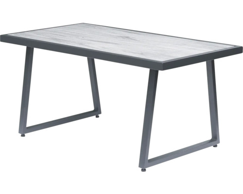 Rechteckiger Tisch mit grauem Metallrahmen und Tischplatte in Marmoroptik