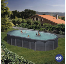 Aufstellpool Stahlwandpool-Set Gre oval 744x399x132 cm inkl. Sandfilteranlage, Skimmer, Leiter, Filtersand & Bodenschutzvlies grau