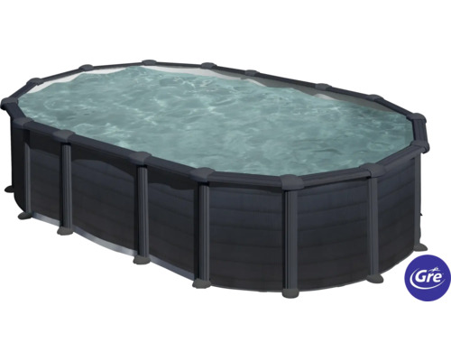 Aufstellpool Stahlwandpool-Set Gre oval 634x399x132 cm inkl. Sandfilteranlage, Skimmer, Leiter, Filtersand & Bodenschutzvlies grau