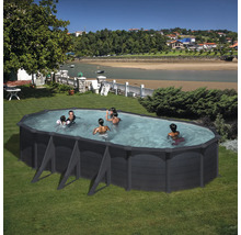 Aufstellpool Stahlwandpool-Set Gre oval 744x575x132 cm inkl. Sandfilteranlage, Skimmer, Leiter, Filtersand & Bodenschutzvlies grau