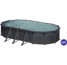 Aufstellpool Stahlwandpool-Set Gre oval 744x575x132 cm inkl. Sandfilteranlage, Skimmer, Leiter, Filtersand & Bodenschutzvlies grau