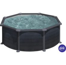 Sechseckiger Pool mit Wasser gefüllt und Gre Logo