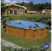 Aufstellpool Stahlwandpool-Set Gre oval 634x399x132 cm inkl. Sandfilteranlage, Skimmer, Leiter, Filtersand & Bodenschutzvlies Holzoptik