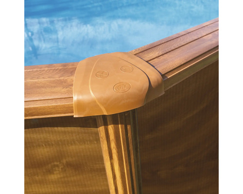 Detailansicht eines Frame Pools mit braunen Poolrahmen und Eckverbindern.