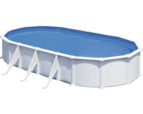 Aufstellpool Stahlwandpool-Set Gre oval 744x575x132 cm inkl. Sandfilteranlage, Skimmer, Leiter, Filtersand & Bodenschutzvlies weiß Ovaler Swimmingpool mit Stahlwand