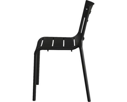 Schwarzer Gartenstuhl mit Lattenstruktur in Seitenansicht