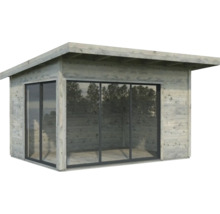 Modernes Gartenhaus aus Holz mit Glasfront