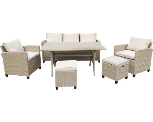 Gartenmöbelset mit Sofa, Tisch, Sesseln und Hockern aus Rattan