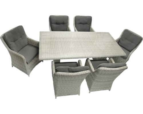 Gartentischgruppe mit sechs Stühlen aus Rattan