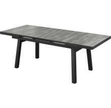 Ausziehbarer Gartentisch mit grauer Tischplatte und schwarzem Gestell