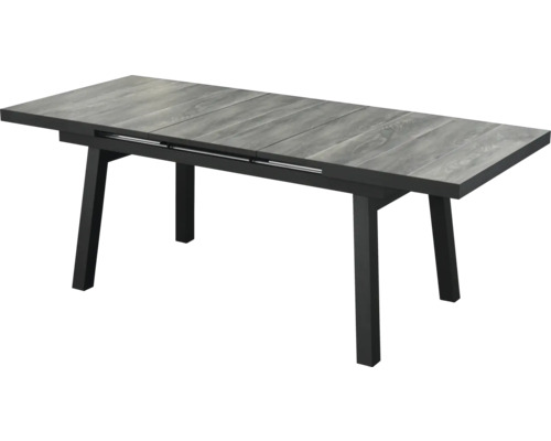 Ausziehbarer Gartentisch mit grauer Tischplatte und schwarzem Gestell