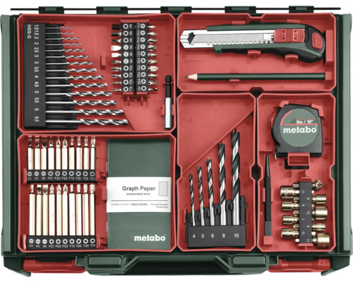 Metabo Werkzeugkoffer mit Bohrern, Bits, Cutter, Bleistift, Maßband, Papier und weiterem Zubehör