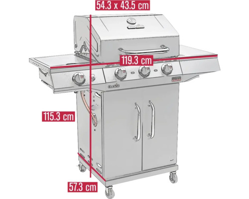 Gasgrill mit den Maßen 54,3 x 43,5 cm (Grillfläche), 119,3 cm (Breite), 115,3 cm (Höhe) und 57,3 cm (Tiefe).