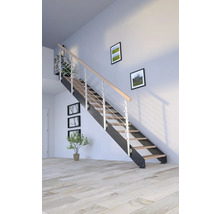 Treppe mit Metallgeländer, Holzstufen und Wanddekoration in einem hellen Raum.