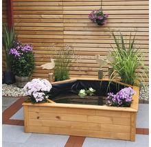 Holz Teich mit Pflanzen und Dekoration im Garten
